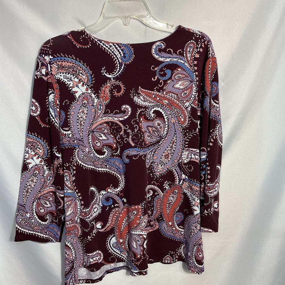 Chicos 2 Large 12-14 Burgundy Floral Paisley Artsy V-neck 3/4 Sleeve Blouse Top - Picture 4 of 5